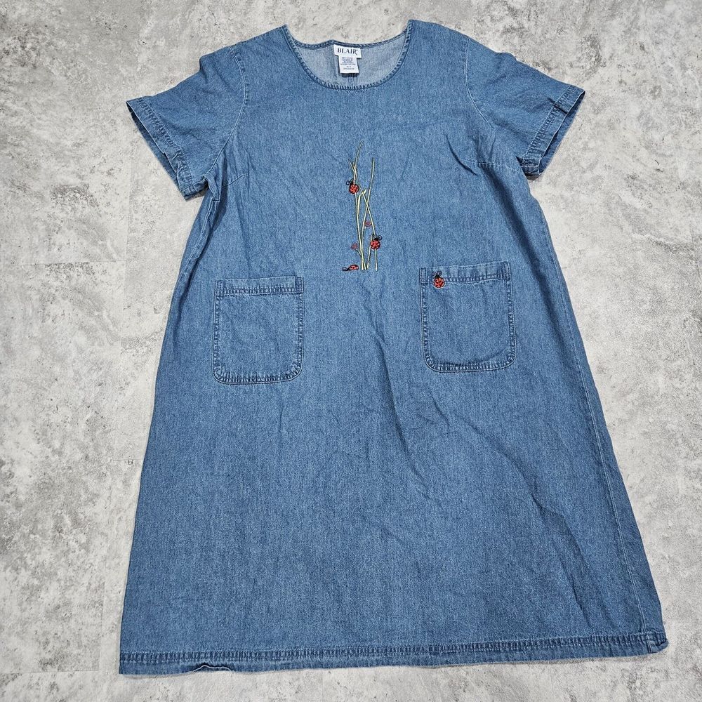 Blair Denim Jumper Dress Womens Sz XL Blue Jean Ladybug Embroidered Short Sleeve